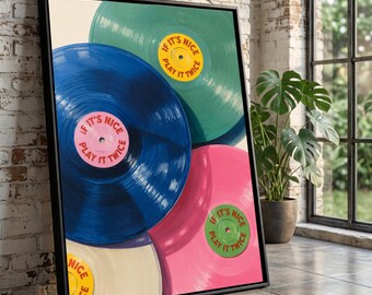 Retro Vinyl Records Canvas Wall Art, Colorful Music Decor, Play It Twice Quote, Vintage Record Player Canvas, Modern Home Decoration