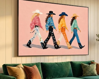 Stylish Cowgirl Walk Canvas Wall Art, Western Fashion Illustration, Colorful Apparel Decor, Modern Country Style Canvas, Home Wall