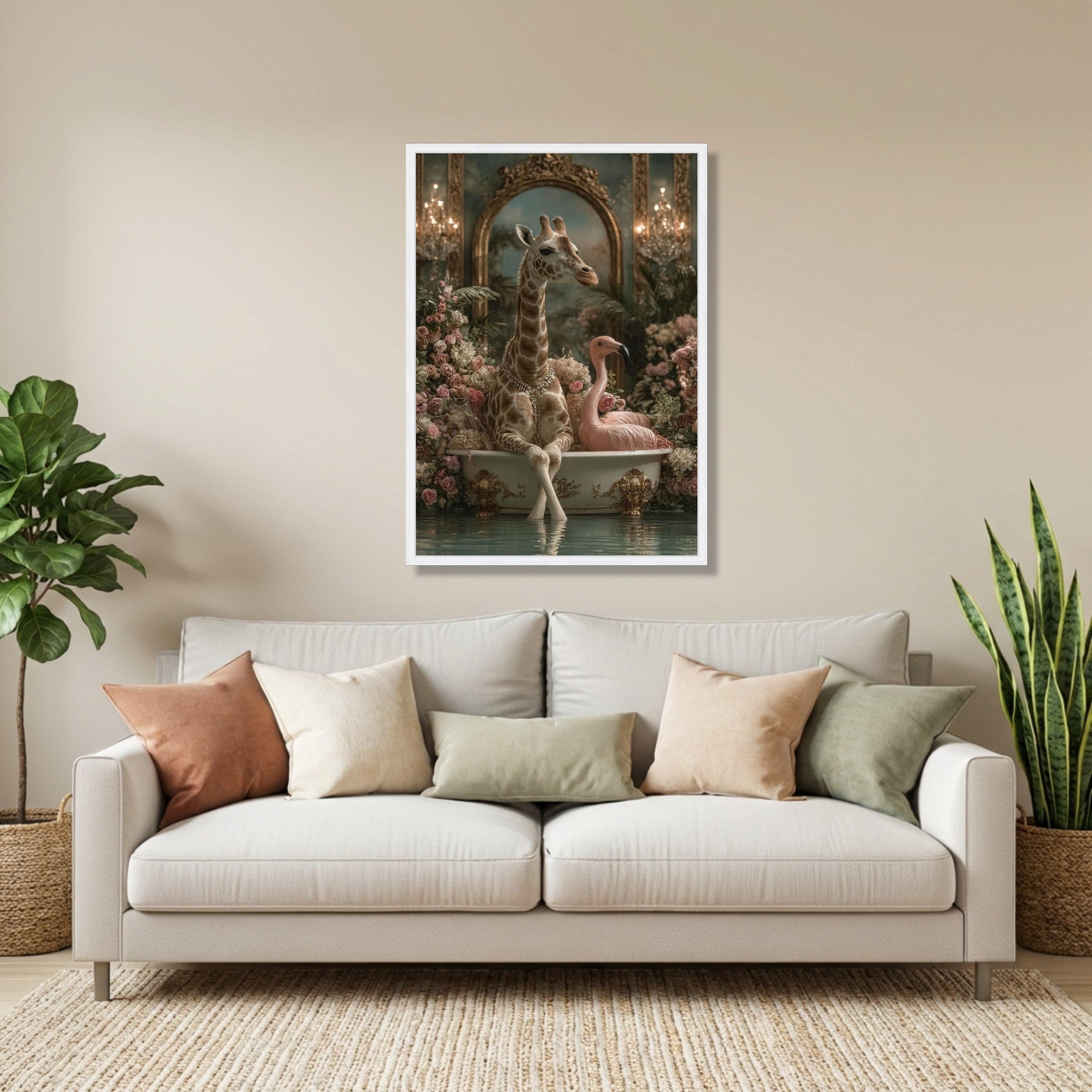 Elegant Giraffe and Flamingo in Vintage Bathtub Canvas, Whimsical ...
