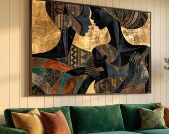 Elegant Afrocentrisch abstract canvas, muurdecoratie met thema 'Familieliefde', modern canvas met gouden accenten, woondecoratie in Afrikaanse stijl, klaar om op te hangen.