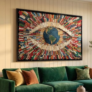 Global Unity Eye Canvas, World Map Art with International Flags, Multicultural Wall Decor, Fabric Flag Collage Canvas, Eye-Catching Home