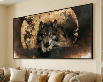 Majestueuze wolf met gouden maan op canvas, wanddecoratie met wilde dieren, rustiek dierenportret, natuurdecoratie, wolven woondecoratie