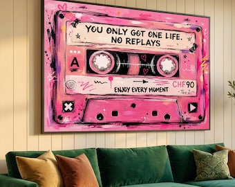 Retro Pink Cassette Tape Canvas, Inspirational Quote Wall Art, Music Theme Home Decor, Motivational Canvas for Living Room