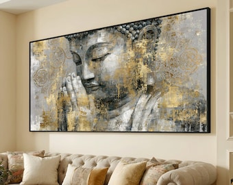 Tranquil Buddha Face Canvas, Gold Accents Wall Art, Zen Meditation Decor, Spiritual Home Decoration, Calm Serenity Canvas