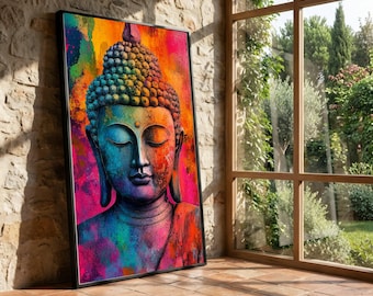 Colorful Buddha Face Canvas, Spiritual Wall Art, Meditation Decor, Zen Inspired Canvas, Vibrant Home Decoration, Tranquil Buddha Portrait