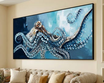 Blue Octopus Canvas Wall Art, Ocean Marine Life Decor, Coastal Sea Creature Canvas, Nautical Wall Decoration, Underwater Animal Print