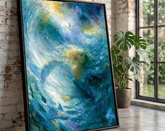 Mystical Mermaid Canvas Wall Art, Ocean Fantasy Illustration, Blue Sea Life Decor, Underwater Mermaid Canvas, Surreal Coastal Art Print