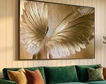 Canvas met gouden engelenvleugels, abstracte wanddecoratie met veren, luxe woondecoratie, elegant metallic canvas, moderne slaapkameraccent