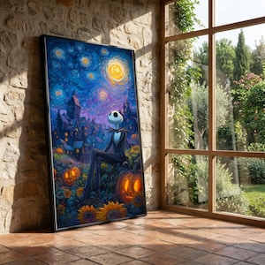 Puede incluir: Una impresión artística enmarcada que presenta una ilustración estilizada de Jack Skellington de The Nightmare Before Christmas, sentado en un campo de girasoles y calabazas. El fondo representa un pueblo espeluznante bajo un cielo estrellado, con una gran luna amarilla.