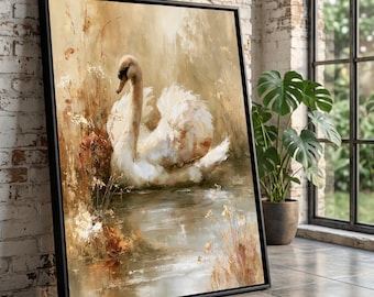 Elegant Swan in Soft Meadow, Nature Canvas Wall Art, Tranquil Wildlife Scene, Neutral Tones Home Decoration, Calm Water Reflection Canvas