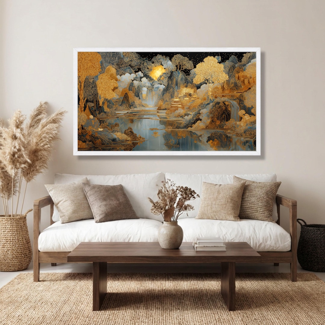 Golden Mountain Landscape Canvas, Asian Style Waterfall Wall Art