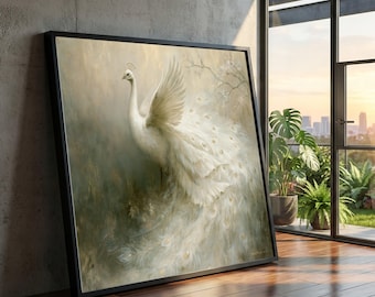 Elegant White Peacock Canvas Wall Art, Graceful Bird Feather Display, Serene Nature Decor, Soft Pastel Background, Ready to Hang Artwork