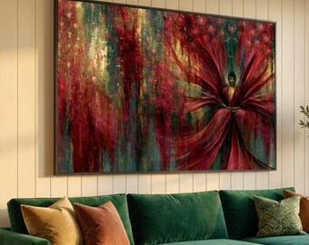 Meditative Buddha with Peacock Feather Wings Canvas, Spiritual Wall Art, Zen Home Decor, Red and Gold Abstract Canvas, Serenity Wall Design