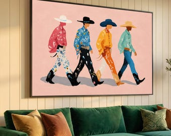 Colorful Cowboys Walking, Western Fashion Canvas, Modern Minimalist Wall Art, Cowboy Style Canvas, Home Decor Accent