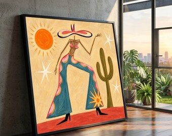 Desert Sun Fashion, Modern Southwest Canvas, Abstract Woman Art, Cactus and Sunshine Wall Decor, Boho Style Canvas, Vibrant Home Decoration