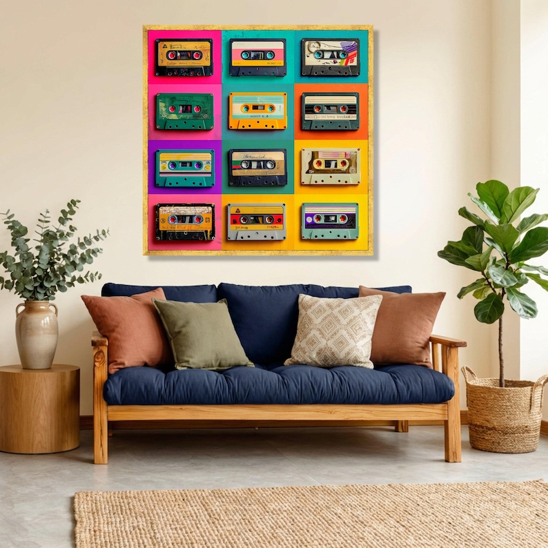 Vintage Cassette Tape Collage Canvas, Retro Music Wall Art, Colorful ...