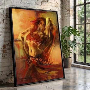 Puede incluir: Obra de arte enmarcada que representa a una bailarina de la danza del vientre en tonos rojos, naranjas y amarillos. La bailarina está velada y adornada con joyas de cuentas y una falda fluida. La pintura tiene un estilo abstracto.