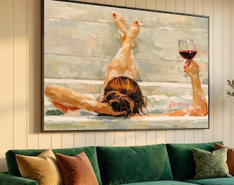 Relaxing Bath Moment Canvas Wall Art, Woman Holding Wine Glass, Spa Vibes Tranquil Bathroom Decor, Modern Impressionist Canvas