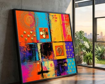 Levendig abstract geometrisch canvas, kleurrijke moderne muurdecoratie, decoratie met gouden accenten, eigentijdse canvas kunst voor thuis
