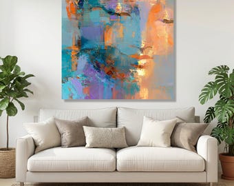 Levendig abstract canvas met kleurspatten, moderne blauw-oranje muurdecoratie, eigentijdse woondecoratie, dynamisch artistiek canvasontwerp, klaar om op te hangen.