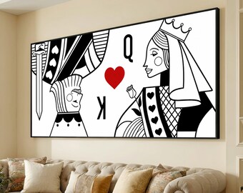 King and Queen of Hearts Canvas, Playing Card Wall Art, Black and White Canvas, Red Heart Accent, Modern Home Decor, Ready to Hang