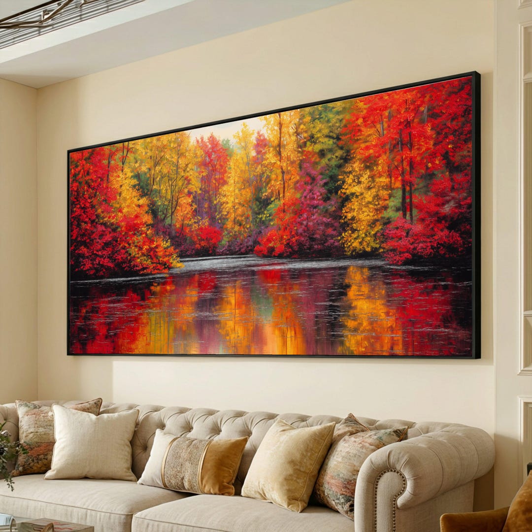 Vibrant Autumn Forest Canvas, Colorful Fall Trees Wall Art, Scenic Lake ...
