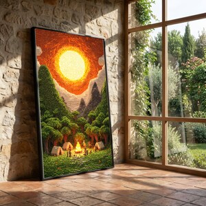 May include: Framed art print showing a pixelated camping scene. The artwork features a vibrant orange sunset, green trees, and a campfire with tents. The print is displayed on a brick floor next to a window with a view of a garden.