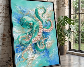 Vibrant Octopus Canvas Wall Art, Ocean Sea Life Decor, Turquoise Marine Canvas, Abstract Underwater Canvas, Coastal Home Decoration