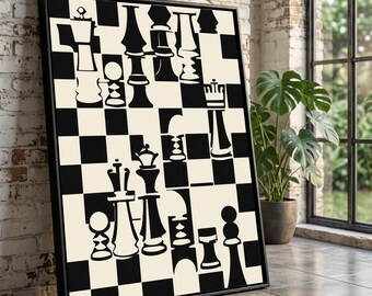 Monochrome Chess Pieces Canvas, Abstract Chessboard Wall Art, Black and White Home Decor, Modern Game Room Canvas, Strategic Board Design
