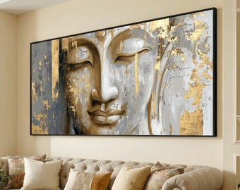 Golden Buddha Face Canvas, Abstract Spiritual Wall Art, Meditative Home Decor, Modern Zen Canvas Tranquil Buddhist Art Print