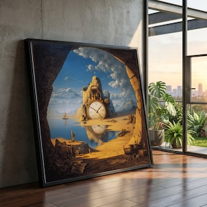 Op de afbeelding: Ingelijste kunstdruk met een surrealistisch landschap met een grote klok op een rotsachtig eiland. Het kunstwerk toont een blauwe lucht, kalm water en een zandstrand. De print wordt tentoongesteld op een houten vloer naast een raam.