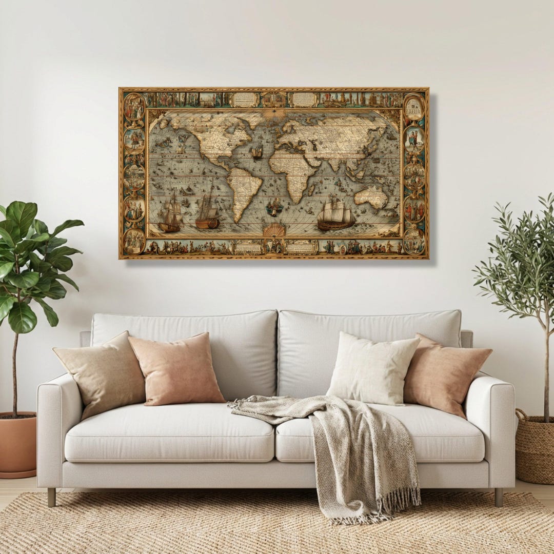 Vintage World Map Canvas Art, Antique Nautical Chart Wall Decor ...