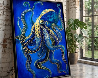 Majestic Blue Octopus Canvas, Nautical Sea Life Wall Art, Marine Animal Decor, Ocean Inspired Canvas, Coastal Home Decoration