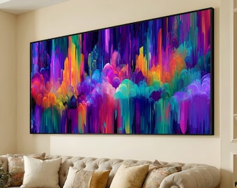 Vibrant Abstract Skyline Canvas, Colorful Urban Landscape Wall Art, Modern Digital Bright Home Decoration, Ready to Hang Canvas