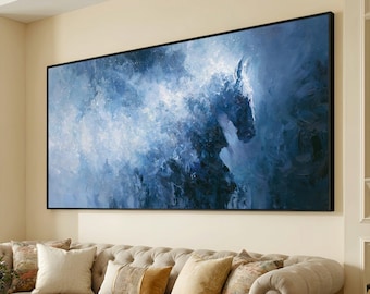 Mystical Blue Horse Canvas Wall Art, Abstract Animal Silhouette, Dreamy Nature Scene, Modern Home Decor, Ready to Hang Canvas