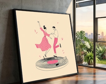 Retro Dancing Couple Canvas, Vintage Record Player Art, Mid Century Style Wall Decor, Music and Dance Canvas, Fun Home Decoration