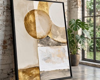 Neutral Tones Abstract Circles Canvas, Modern Geometric Wall Art, Gold Accent Home Decor, Contemporary Canvas Design, Minimalist Living Room