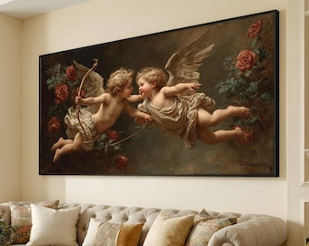 Vintage Cherubs with Bow and Arrow Canvas, Angelic Wall Art, Romantic Cupid Classic Renaissance Style, Floral Rose Decoration Canvas