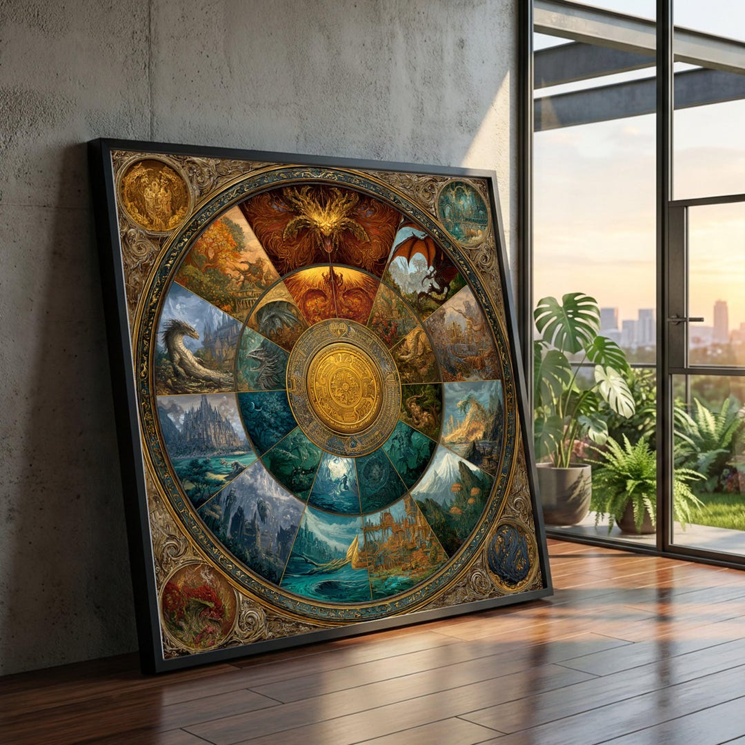 Mystical Dragon Wheel Canvas, Fantasy Art Wall Decor, Mythical ...