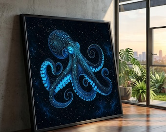 Glowing Blue Octopus Canvas Wall Art, Marine Life Illustration, Ocean Creature Decor, Nautical Canvas for Home, Deep Sea Wall Art