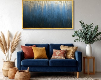 Abstract Blue and Gold Canvas Wall Art, Contemporary Metallic Brushstroke Canvas, Modern Interior Decor, Elegant Home Decoration