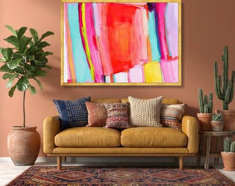 Levendig kleurrijk abstract canvas, moderne muurkunst, heldere geometrische woondecoratie, eigentijds canvasontwerp, artistieke kameraccent.