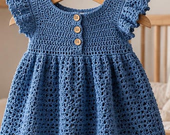 Crochet Baby Dress Pattern, Flutter Sleeve, Button Back, Lacy Skirt (PDF Download)
