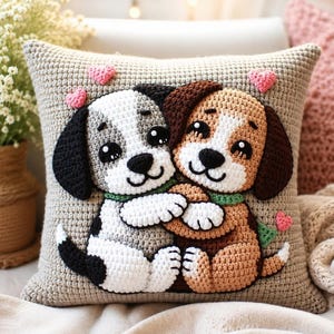 Könnte beinhalten: Ein gehäkeltes Kissen mit zwei sich umarmenden Welpen. Einer ist weiß und grau, der andere braun und weiß. Beide haben schwarze Augen und Nasen und tragen grüne Schals. Rosa Herzen sind um die Hunde auf dem beigen Kissen verstreut.