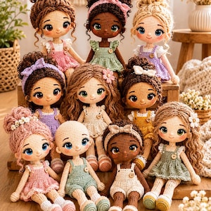 May include: A collection of handmade crochet dolls with various hairstyles and outfits. The dolls feature detailed facial expressions and are dressed in pastel-colored dresses and overalls. Each doll has unique hair accessories, including bows and flowers.