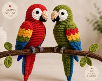 Patrón de ganchillo para loro en PDF, tutorial de amigurumi de guacamayo, juguete de peluche tropical (descarga digital)