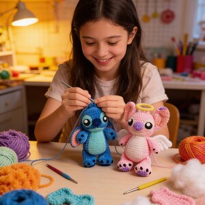 May include: A young person crocheting two stuffed toys: a blue creature with large ears and a pink creature with a halo and wings. Various colored yarn balls and crochet hooks are on the table. The toys are handmade.