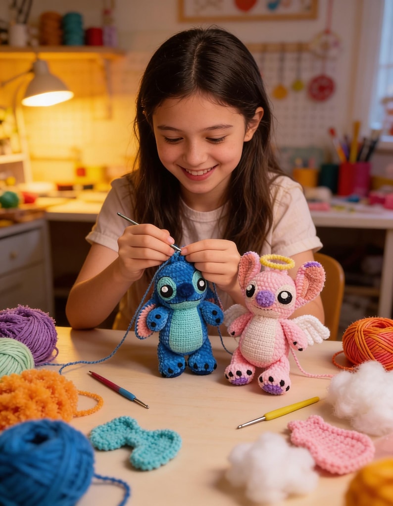 May include: A young person crocheting two stuffed toys: a blue creature with large ears and a pink creature with a halo and wings. Various colored yarn balls and crochet hooks are on the table. The toys are handmade.