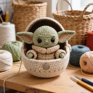 May include: A crocheted green creature with large black eyes and pointed ears, wearing a tan coat, sitting inside a cream-coloured crocheted pod. The pod features a circular button detail and a decorative cross-stitch pattern along the lower edge.