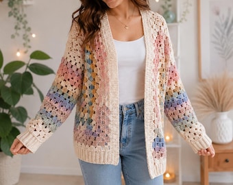 ELOISE Crochet Cardigan Pattern | Pastel Granny Square Sweater (PDF Download)